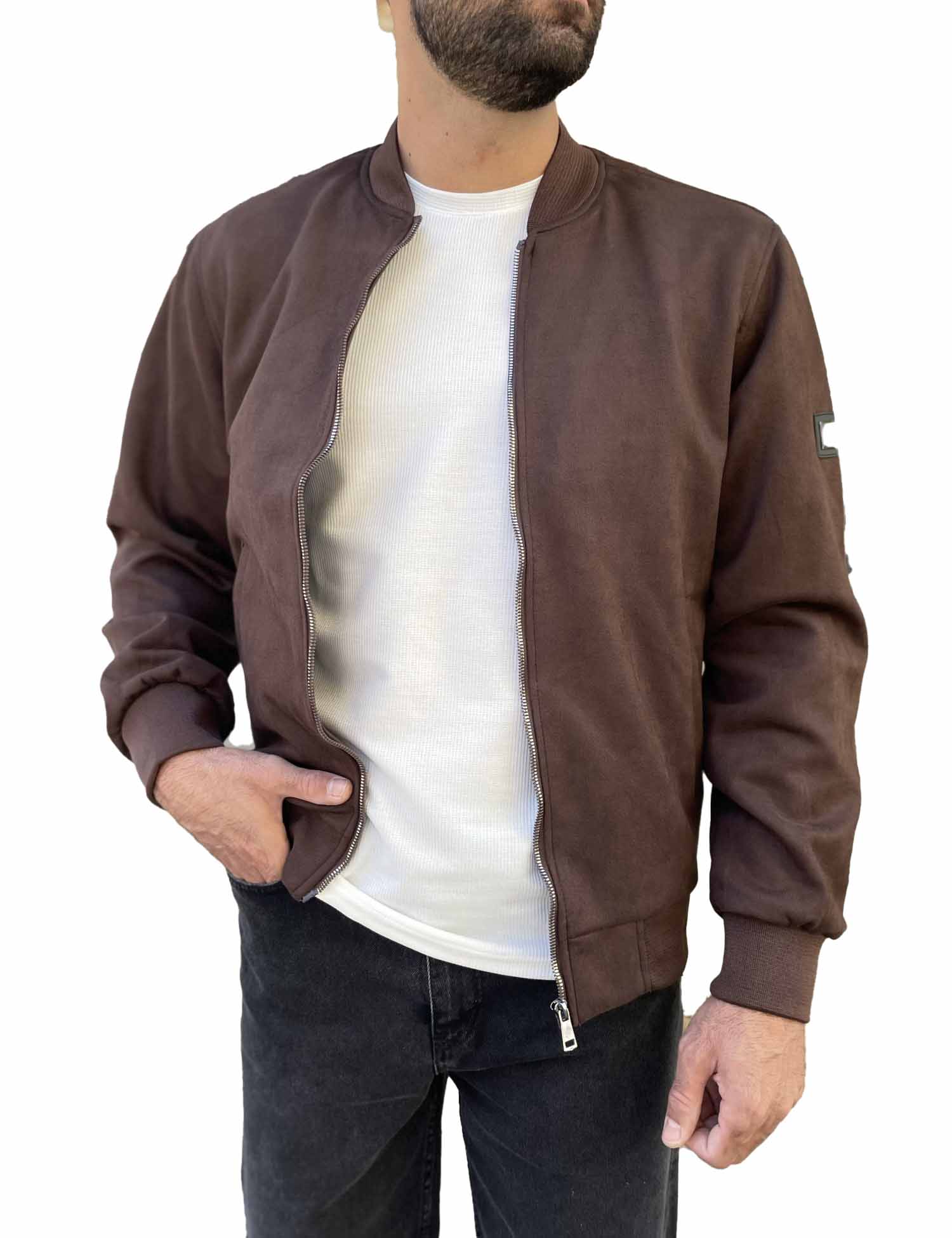 Ανδρικό καφέ σουέτ μπουφάν Bomber HM264049K φωτογραφία